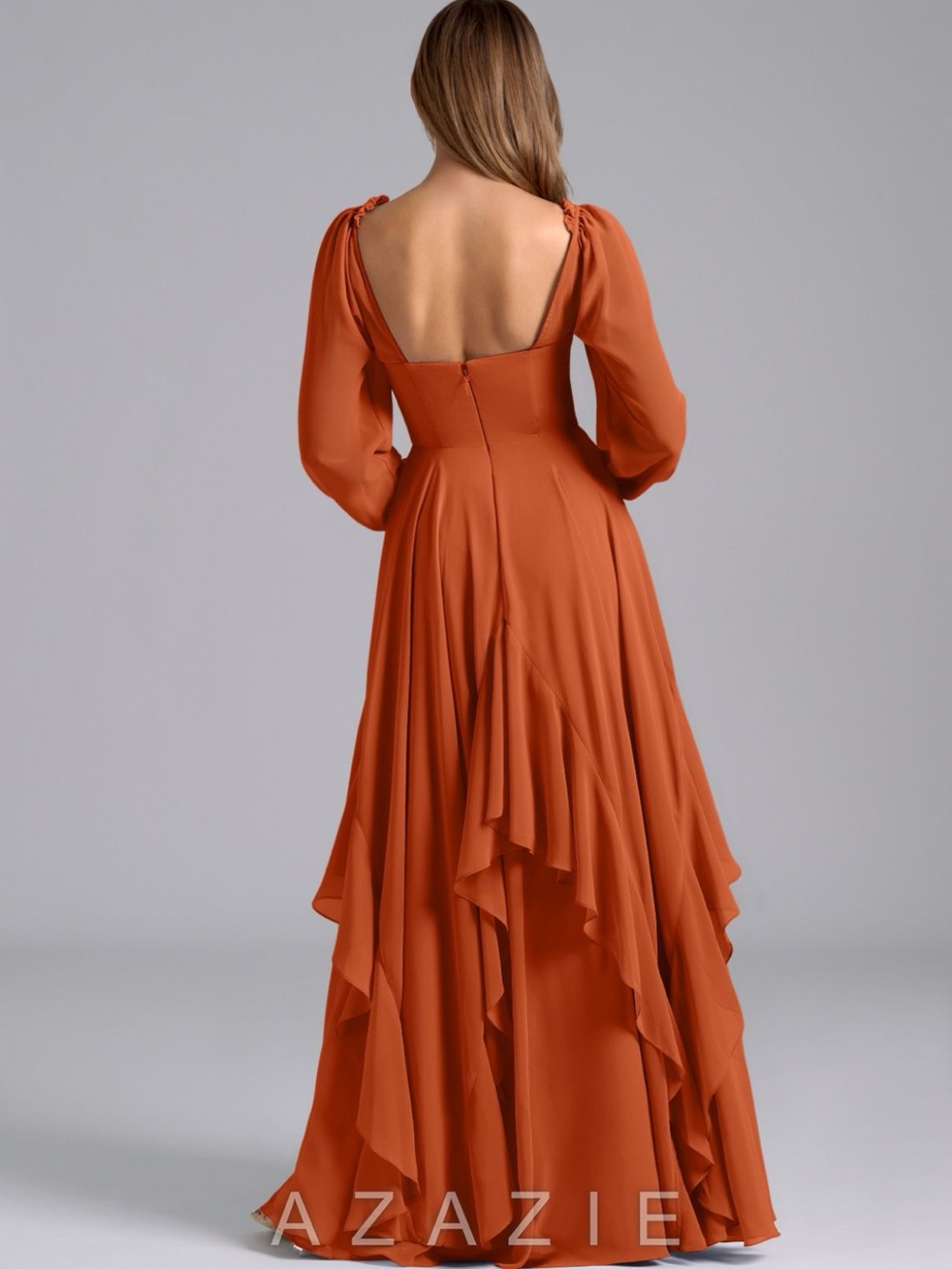Azazie Rust Orange High-Low Chiffon Long Sleeve Dress